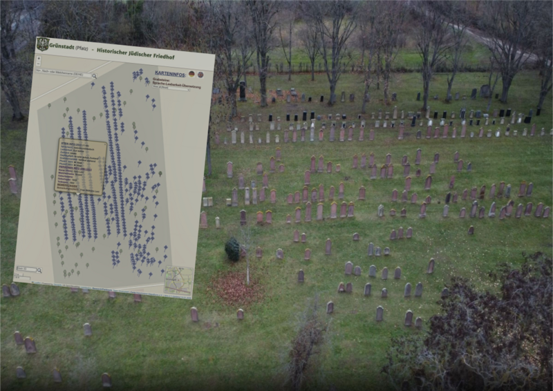 Überblick Friedhof (Droneaufnahme) mit Webkarte-Overlay