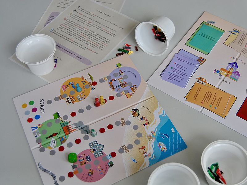 Überblick über das Spielmaterial – z.B. Quizkarten und Spielfeld