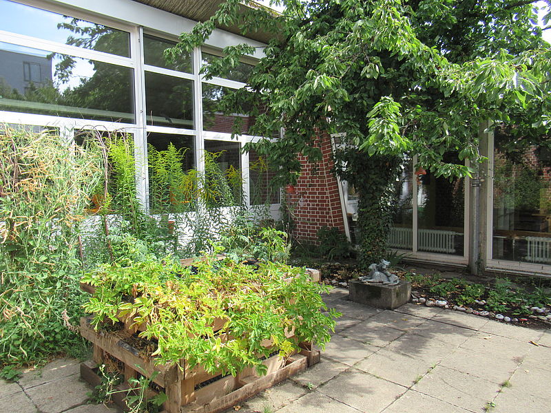 Hochbeet und Staudenbepflanzung im Hintergrund