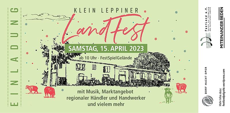 Auf dem Flyer wird das Landfest am 15. April wird angekündigt. Ein Gebäude und Tiere sind abgebildet.