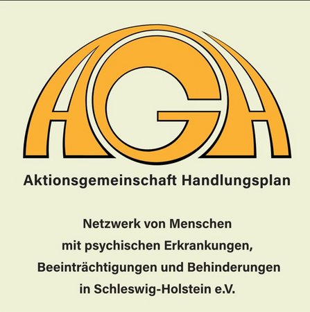 Ein Bild mit dem Logo der AGH in Orange. Der Hintergrund ist beige. Unter dem Logo steht der vollständige Vereinsname. Aktionsgemeinschaft Handlungsplan - Netzwerk von Menschen mit psychischen Erkrankungen, Beeinträchtigungen und Behinderungen in Schleswig-Holstein e.V.