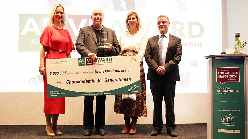 v.l.n.r.: Manuela Thomas (Sächsische Generationenagentur), Friedemann Böhme, Nelle Jung und Thomas Früh (Sächs.Staatsministerium für Soziales, Gesundheit und Gesellschaftlichen Zusammenhalt)