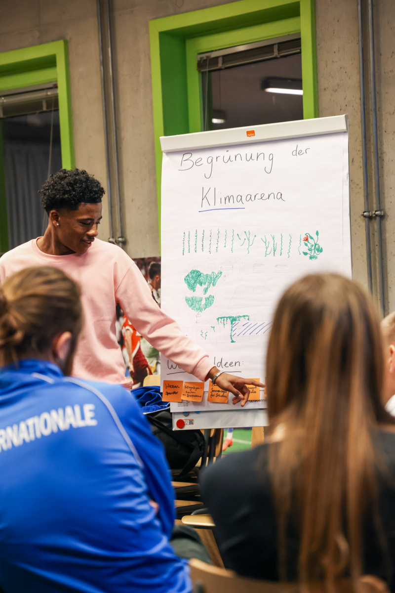 Zwei sitzende Personen werden von hinten gezeigt, während vorne eine Person vor einem Flipchart steht und den Inhalt erklärt