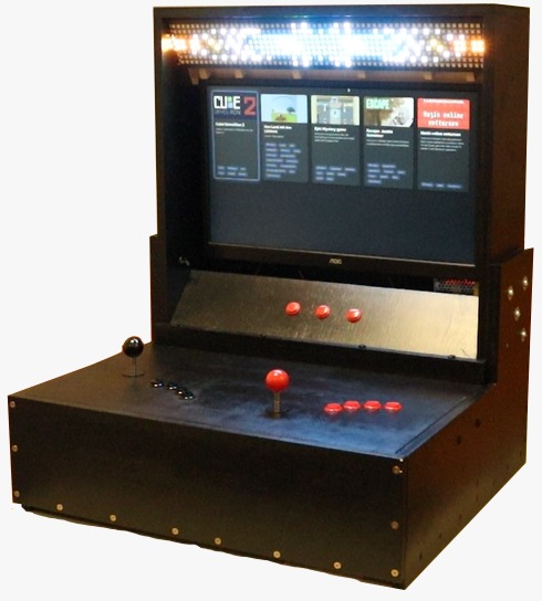 Bild des Arcadeautomaten vorne sind Buttons und Joysticks in der Mitte ein Bildschirm und obedrüber eine Lichtleiste